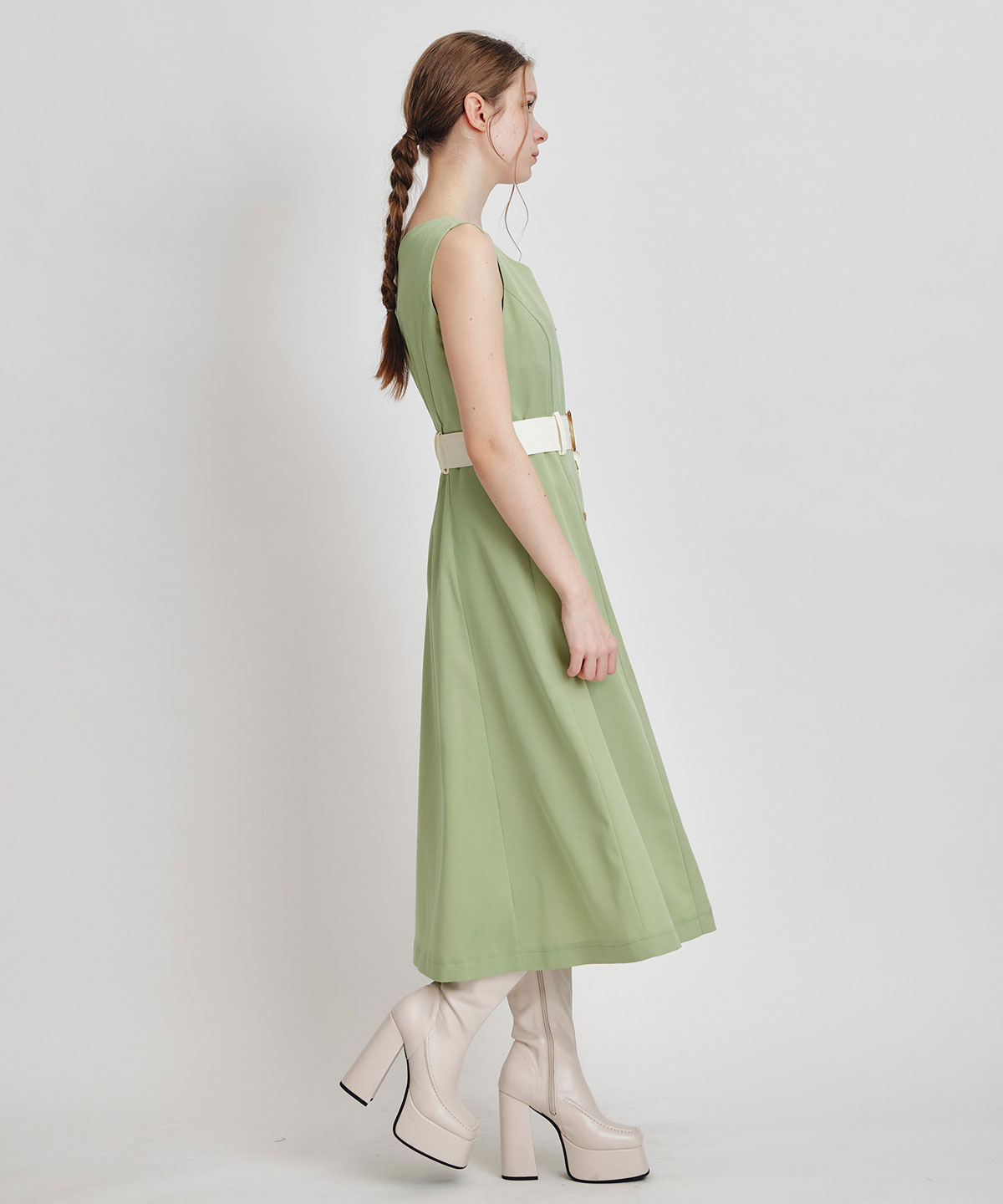 トレンチディティールショートシャツジャケット×バイカラープリーツフレアロングワンピースセットアップ