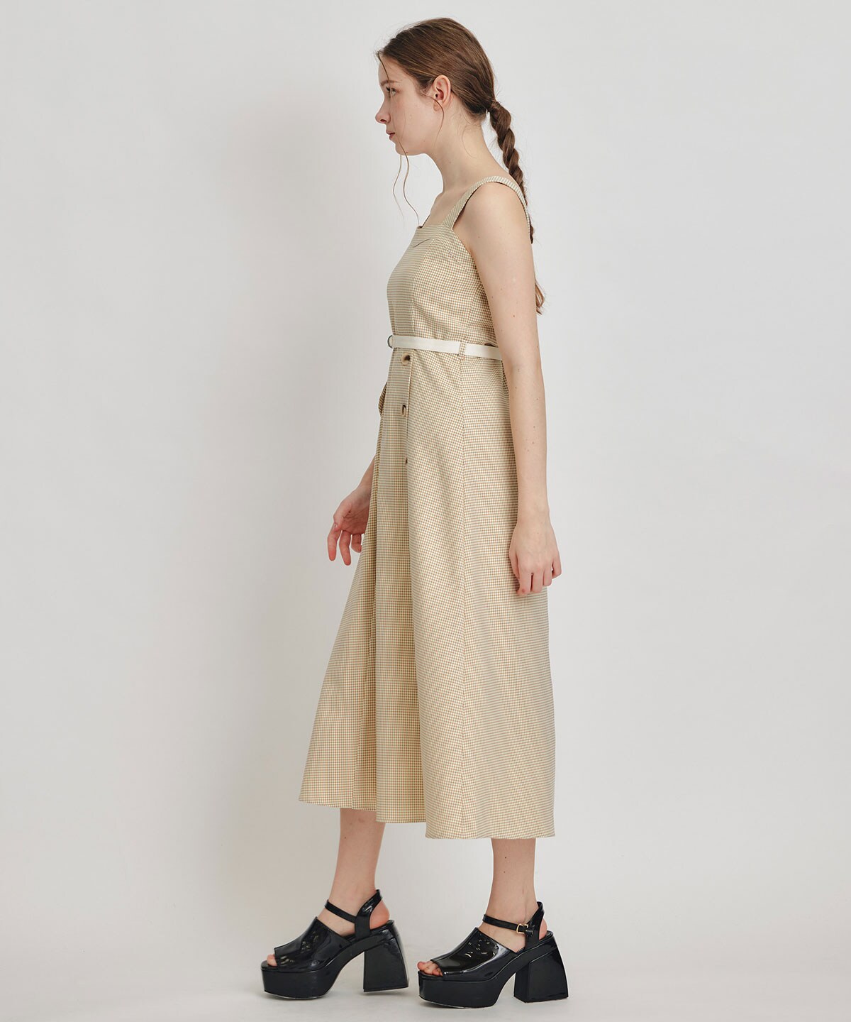 チェックショートジャケットｘアクセントベルトフレアロングワンピースセットアップ