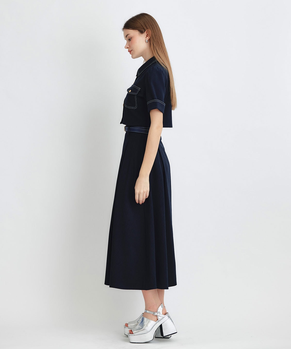 ショートジャケット×フレアロングスカートセットアップ