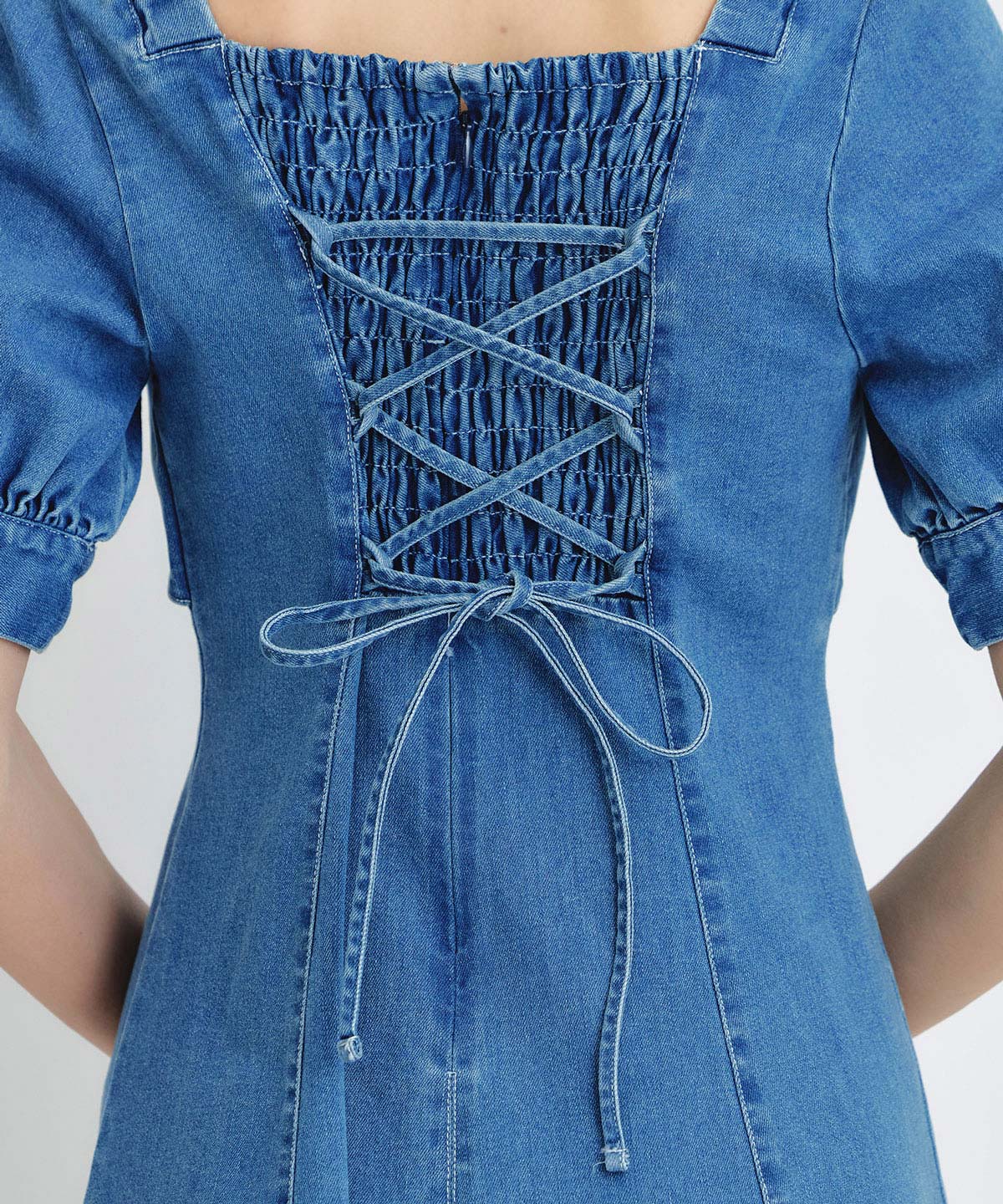 デコルテベルトデニムフレアロングワンピース