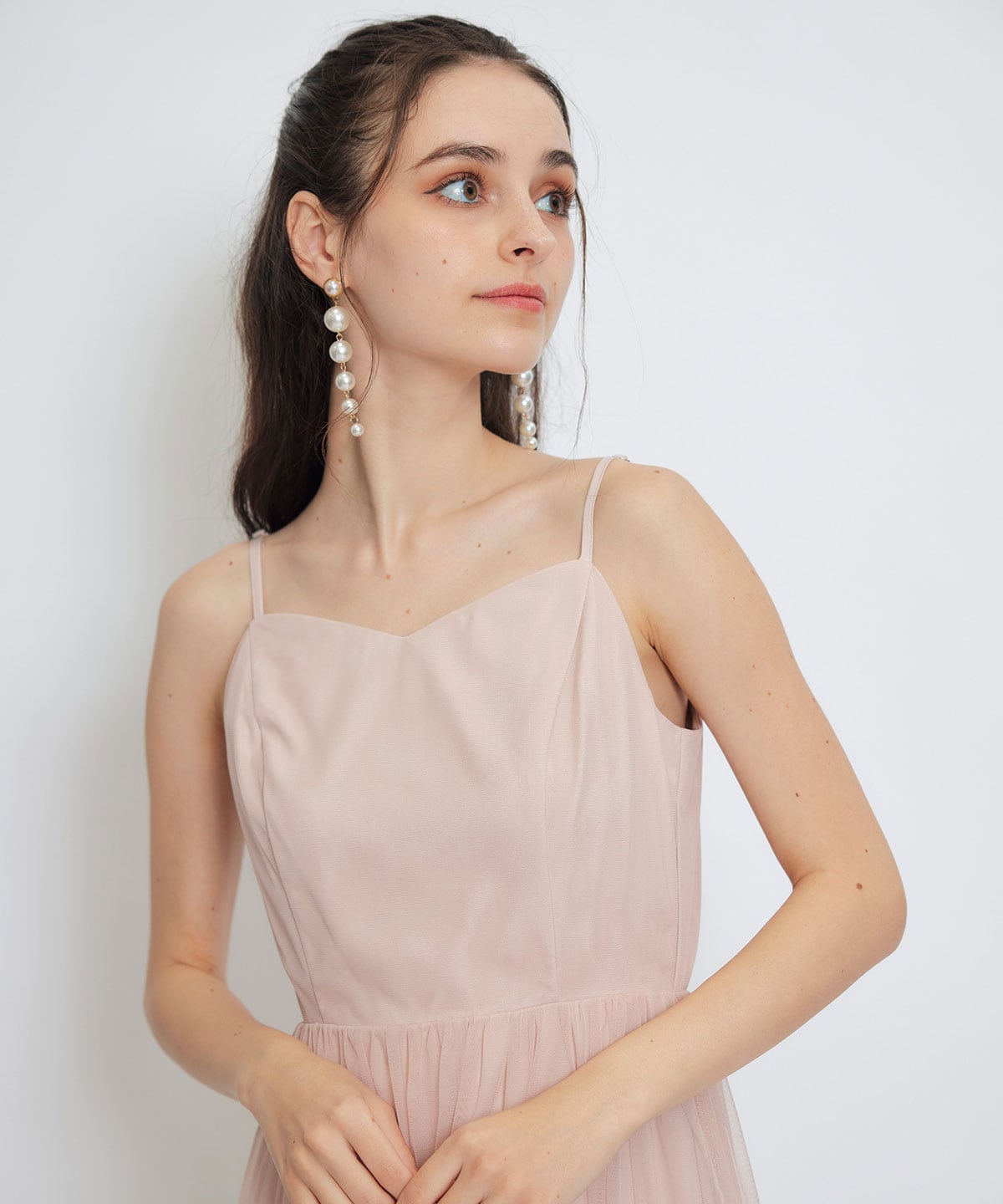 チュールレースティアードトップス×キャミソールフレアロングドレス