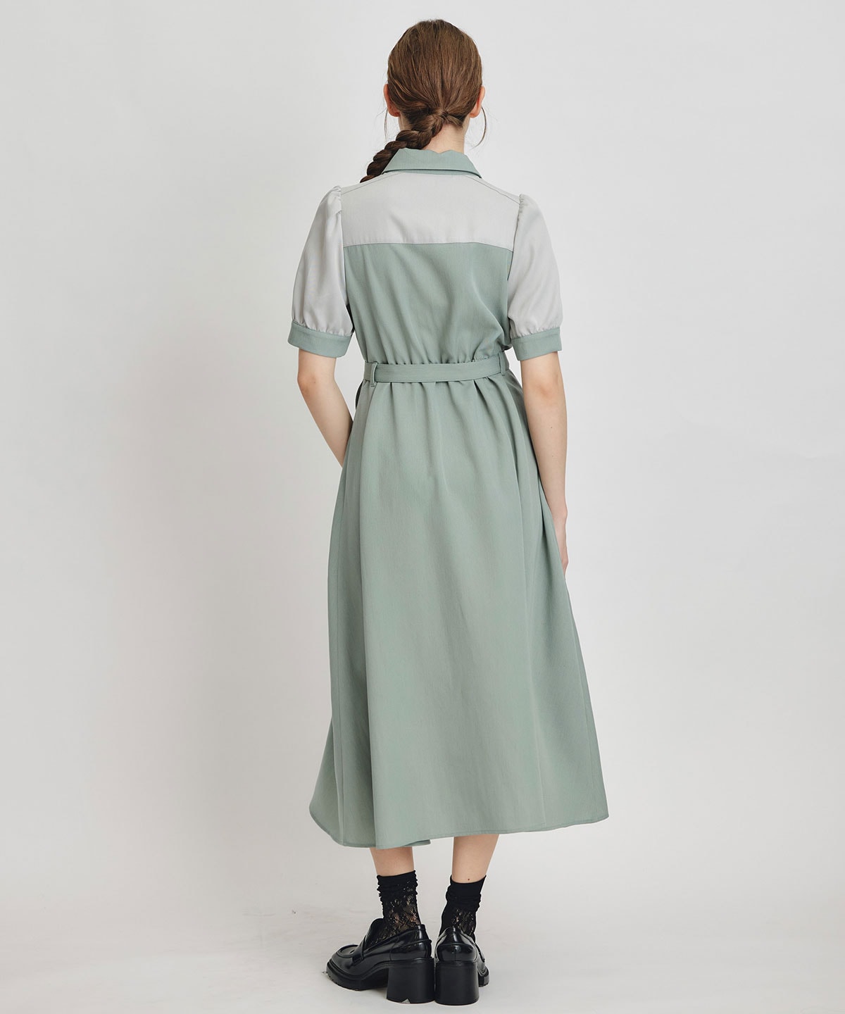 コントラストカラーシャツフレアロングワンピース