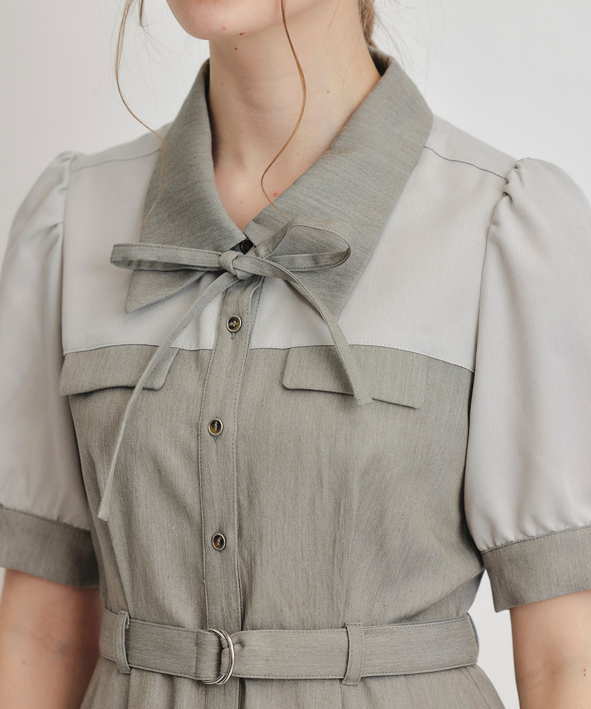 コントラストカラーシャツフレアロングワンピース