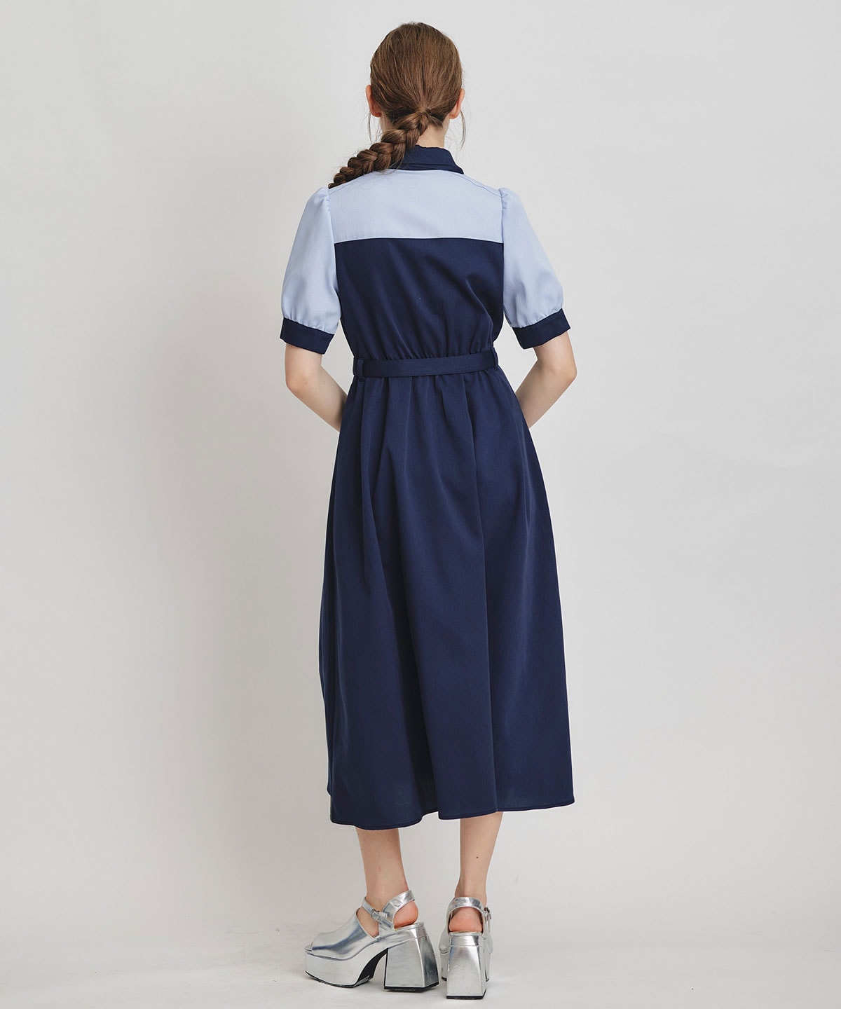 コントラストカラーシャツフレアロングワンピース