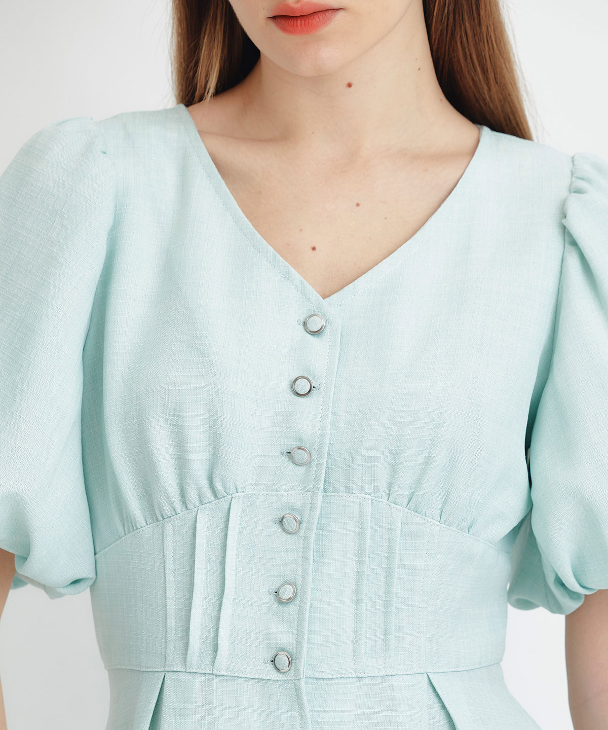 コルセットバルーンスリーブフレアロングワンピース