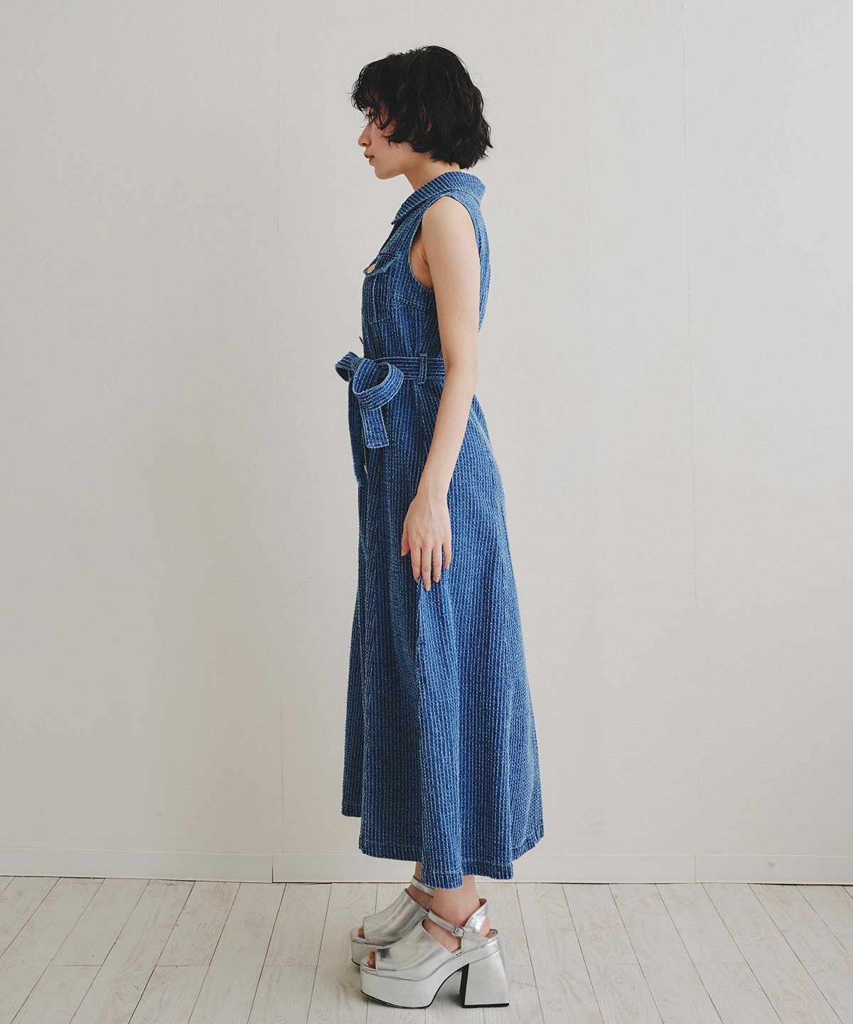 レーザーカットデニムロングシャツワンピース