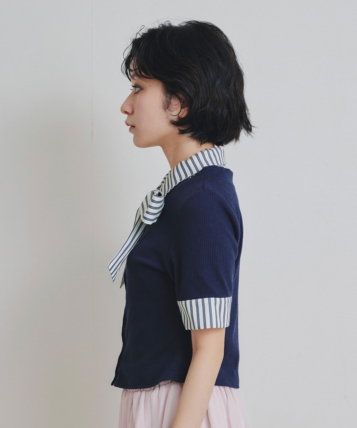ストライプリボンタイレイヤードニットトップス