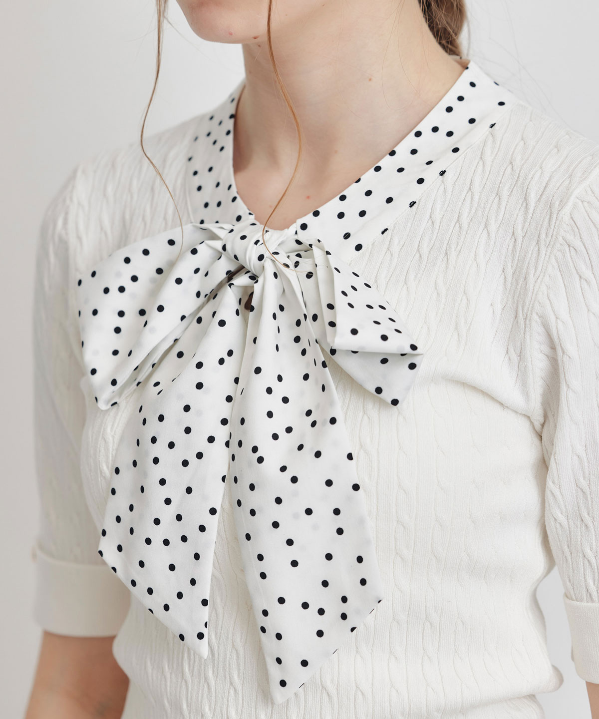 ケーブルリボンタイハーフスリーブニットプルオーバー