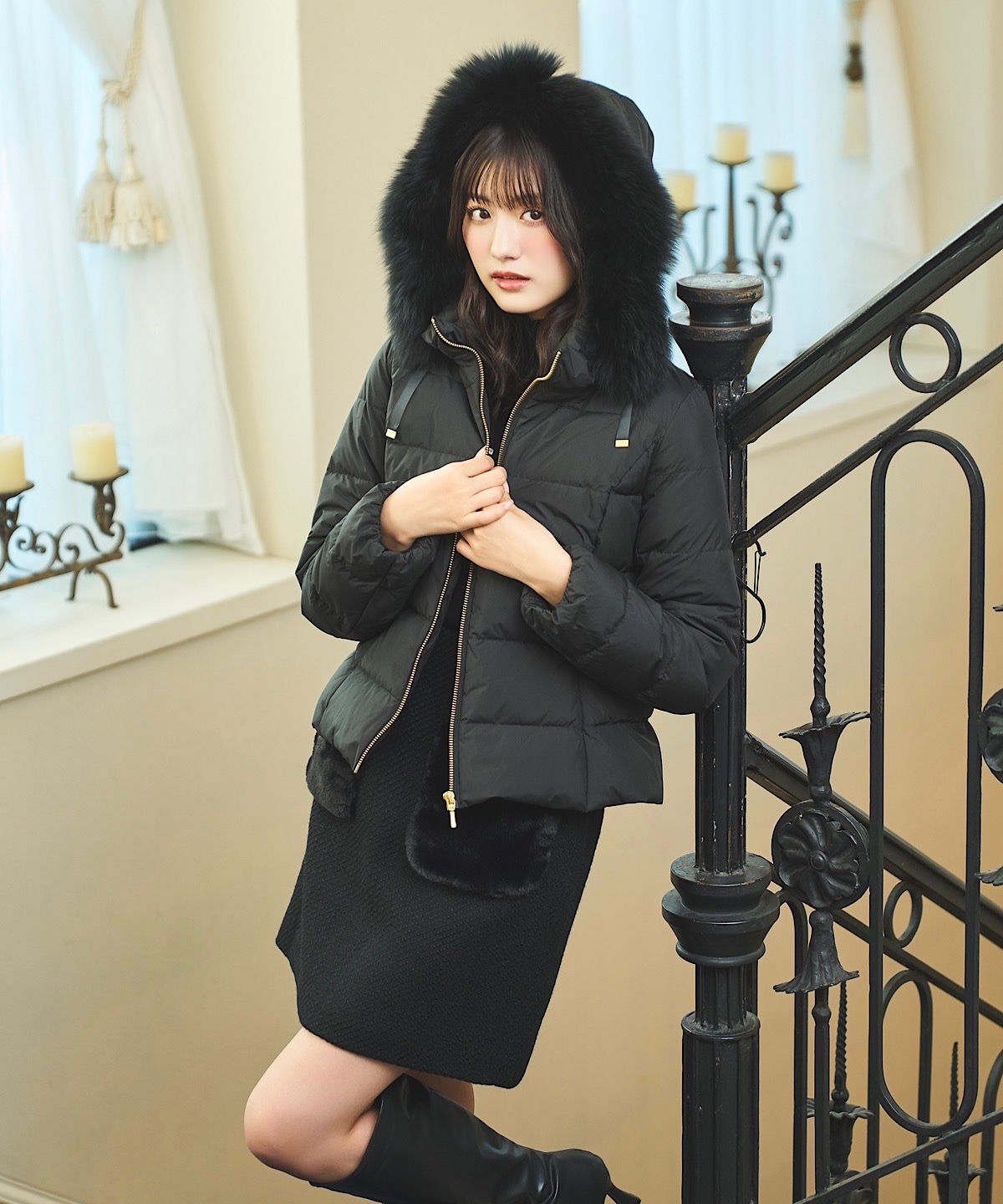 FOXファー付エレガンスショートダウンコート