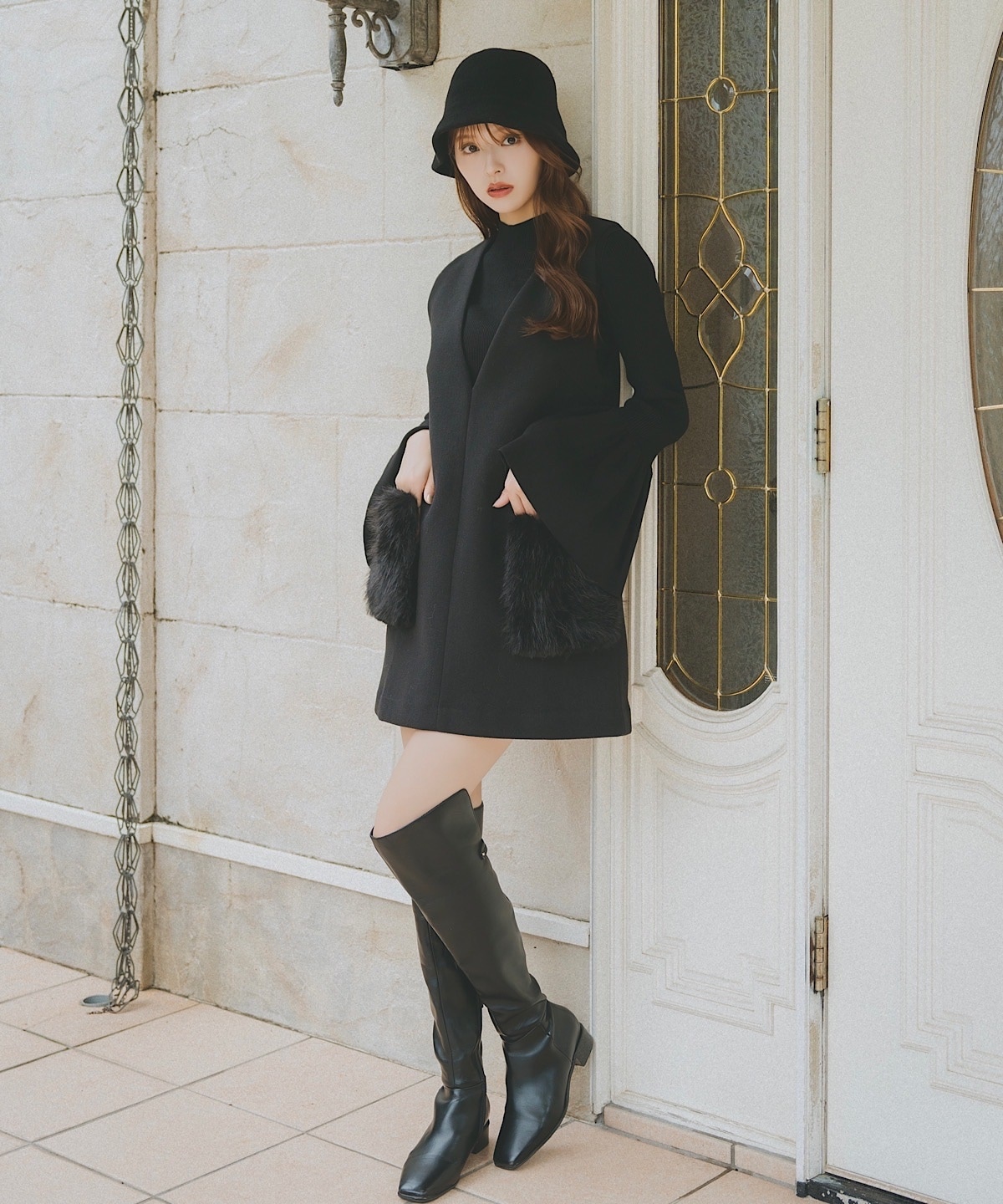 フレアスリーブボトルネックニットプルオーバー