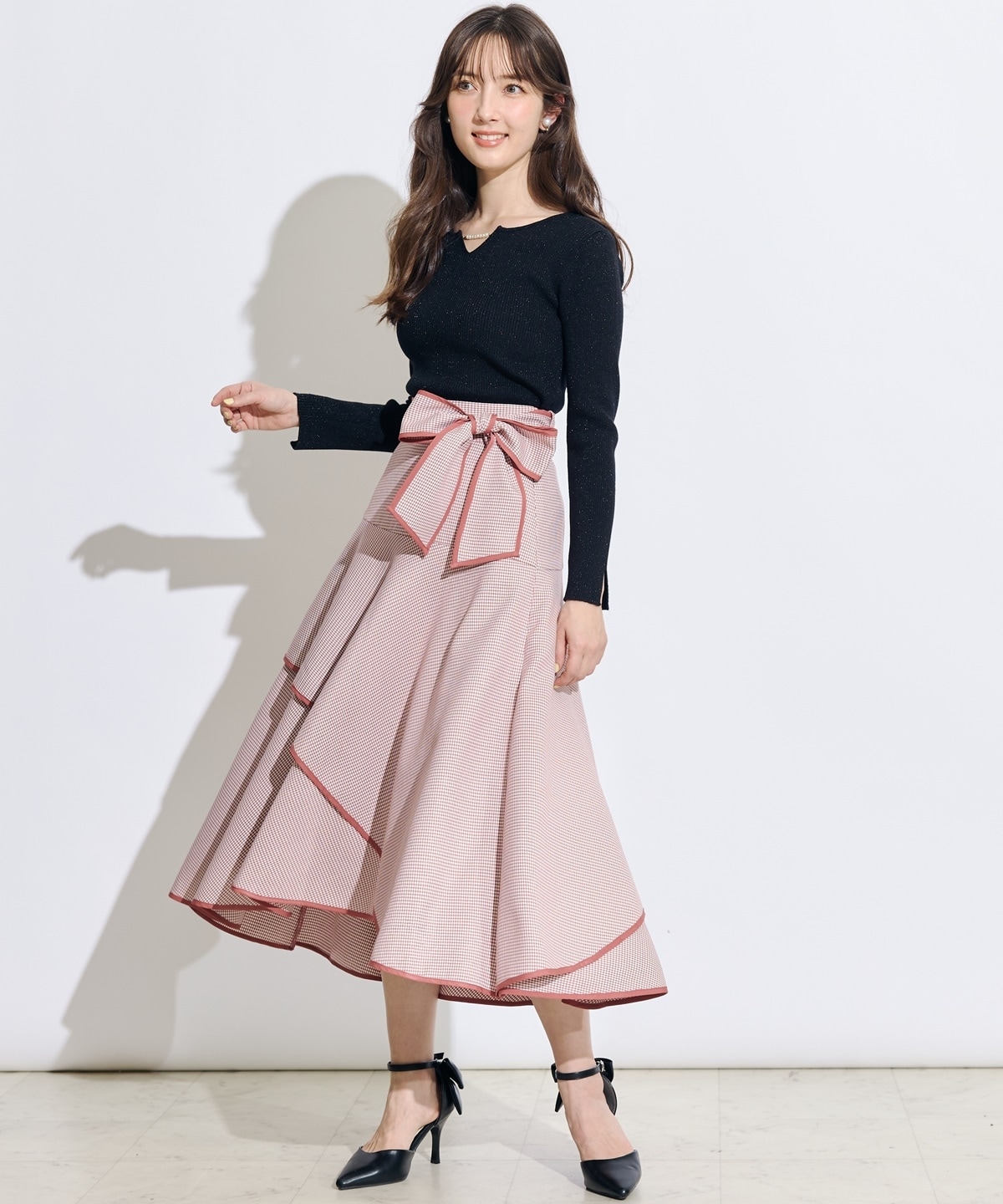 リボンベルトアシメフレアパイピングスカート