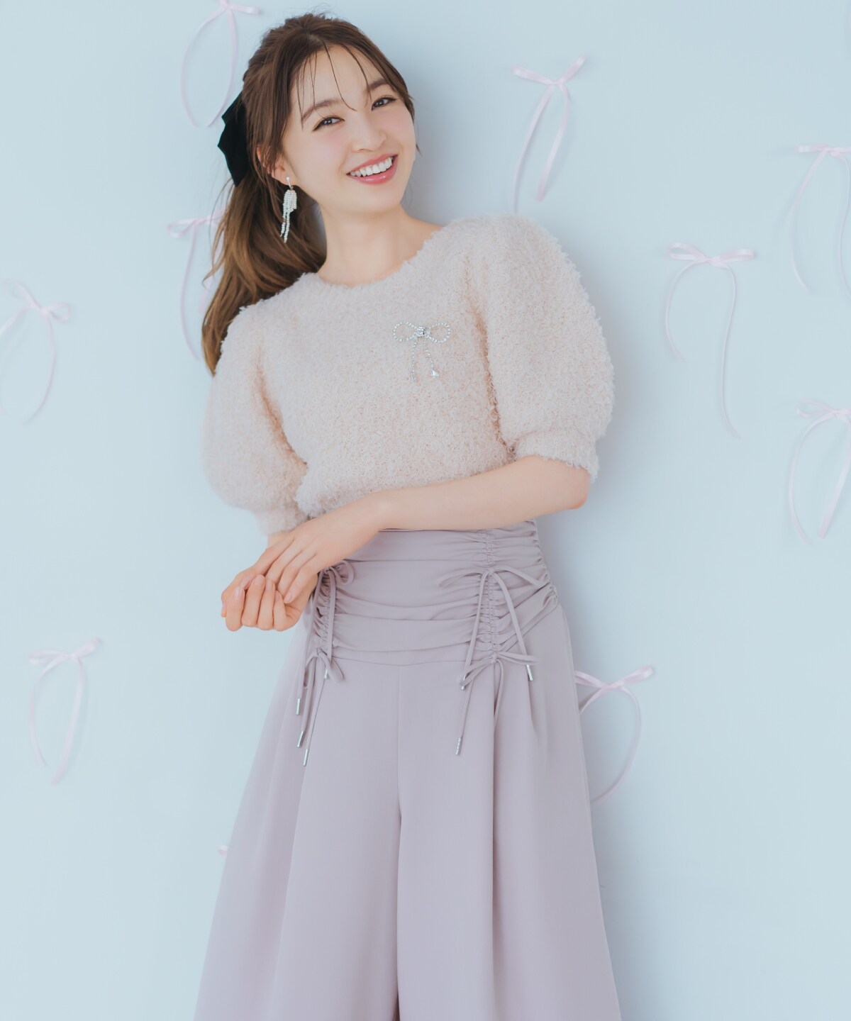 ドロスト風リボンワイドパンツ