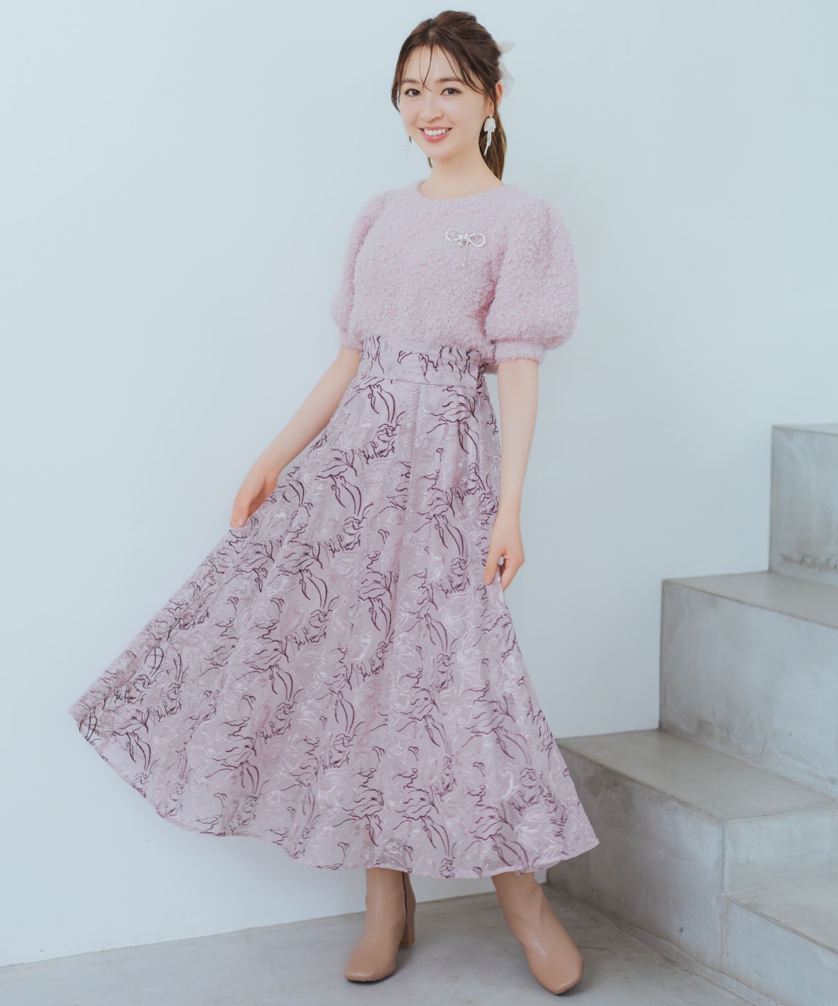 リボンブローチ付きテディヤーンニット