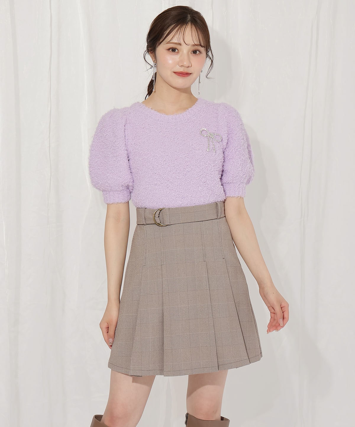 リボンブローチ付きテディヤーンニット