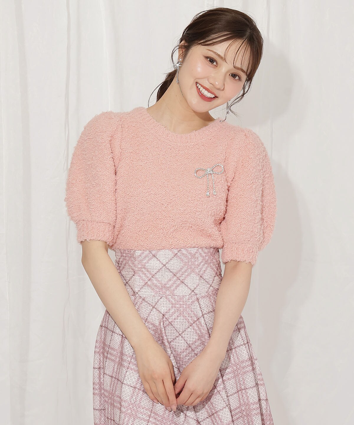 リボンブローチ付きテディヤーンニット