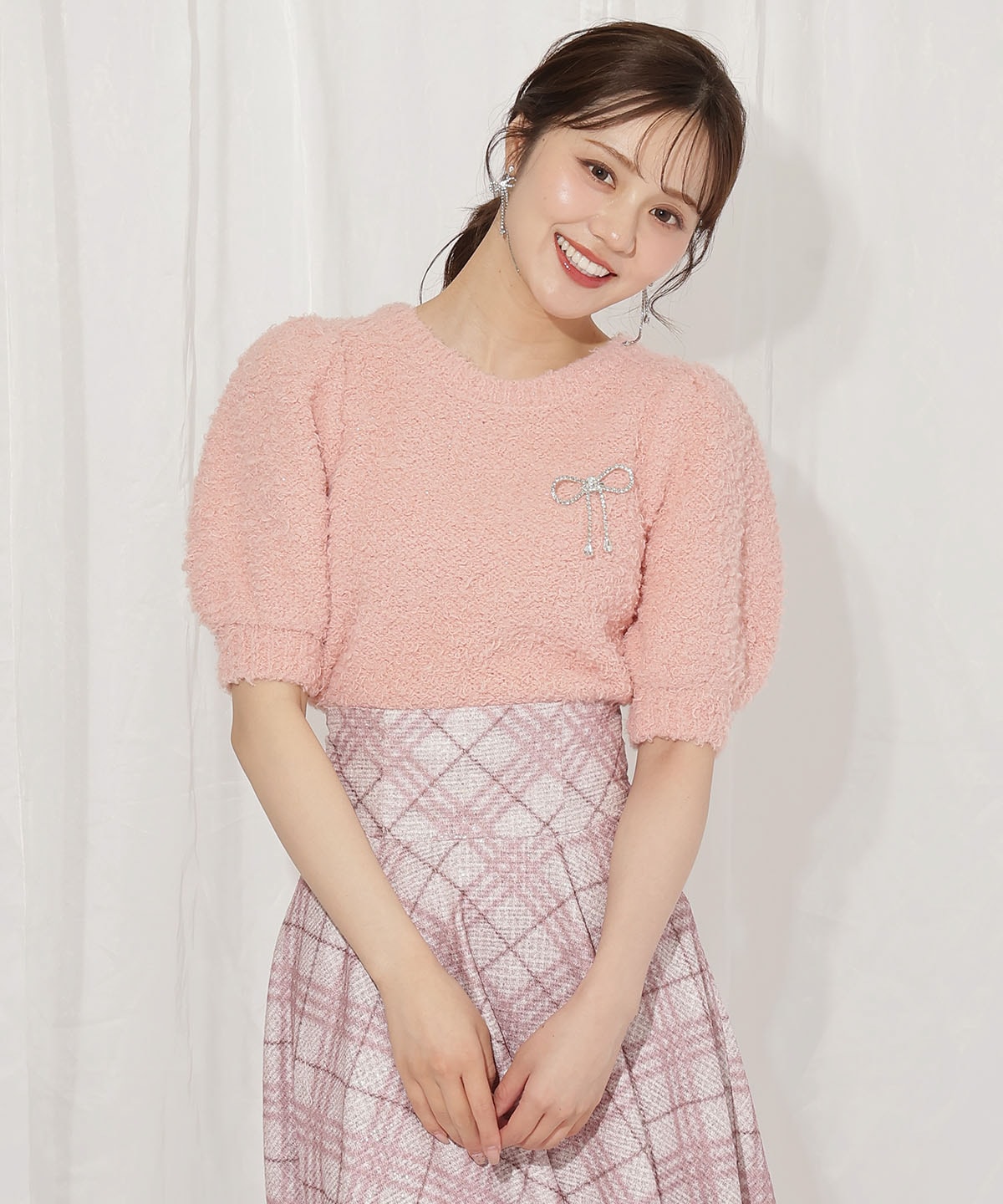 リボンブローチ付きテディヤーンニット