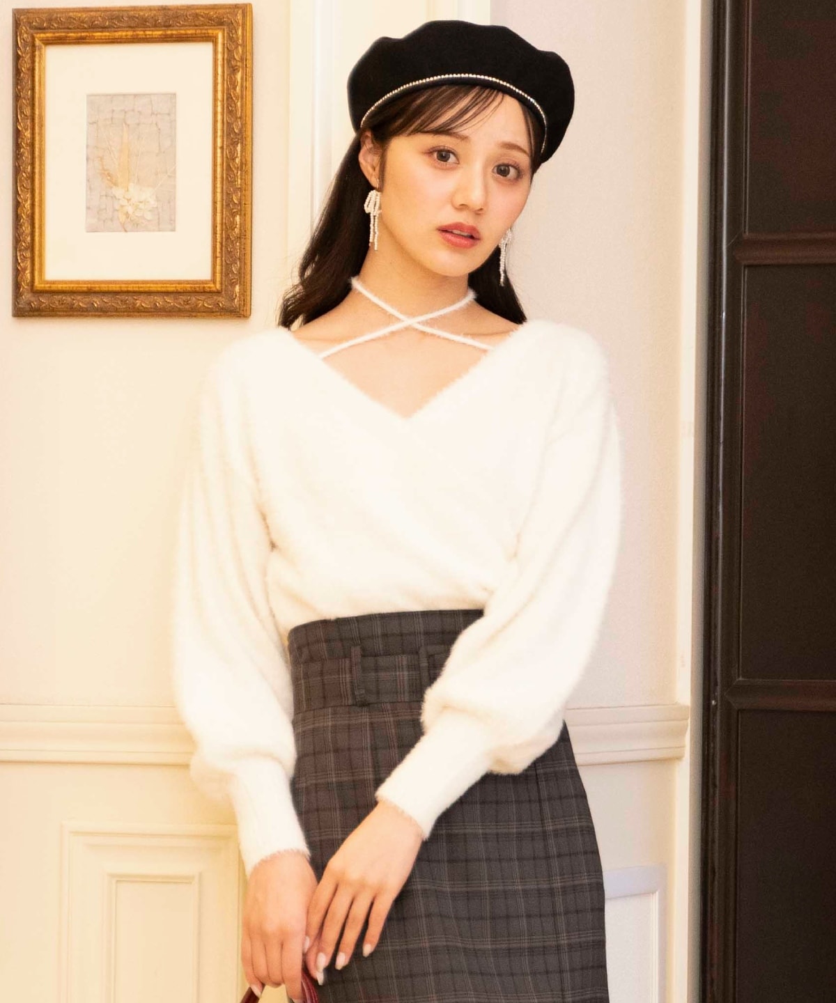 クロスネックカシュクールフェザーニット