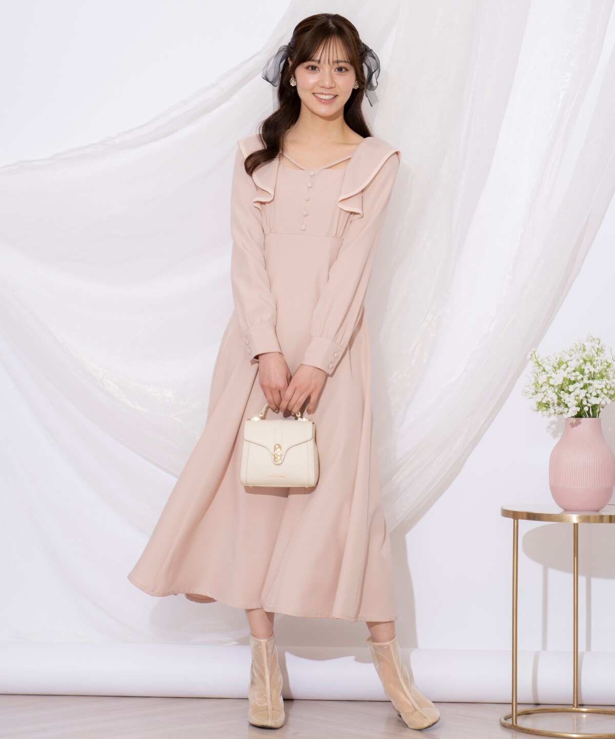 配色パイピングフリルワンピース