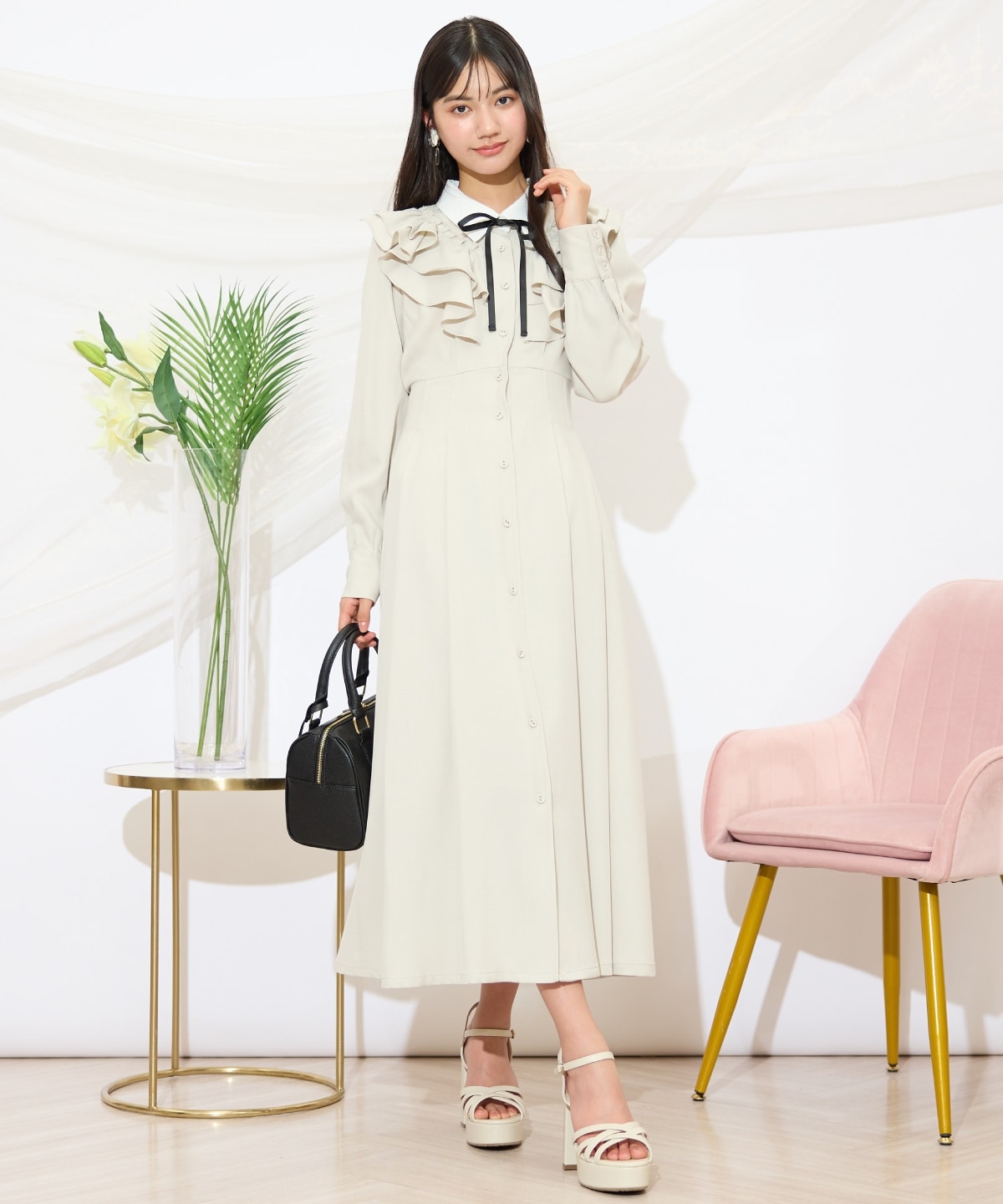 配色襟ダブルフリルシャツワンピース