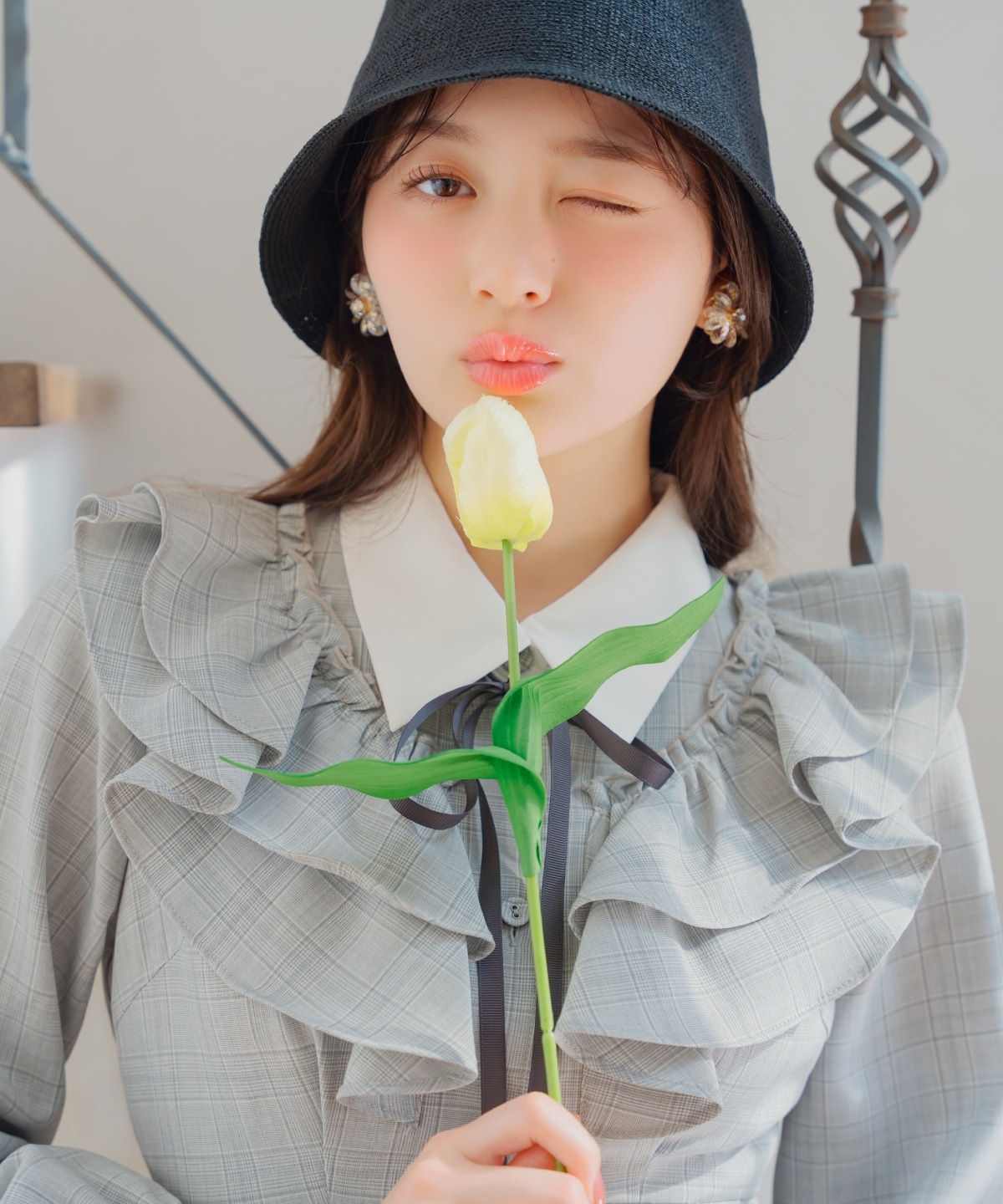 配色襟ダブルフリルシャツワンピース