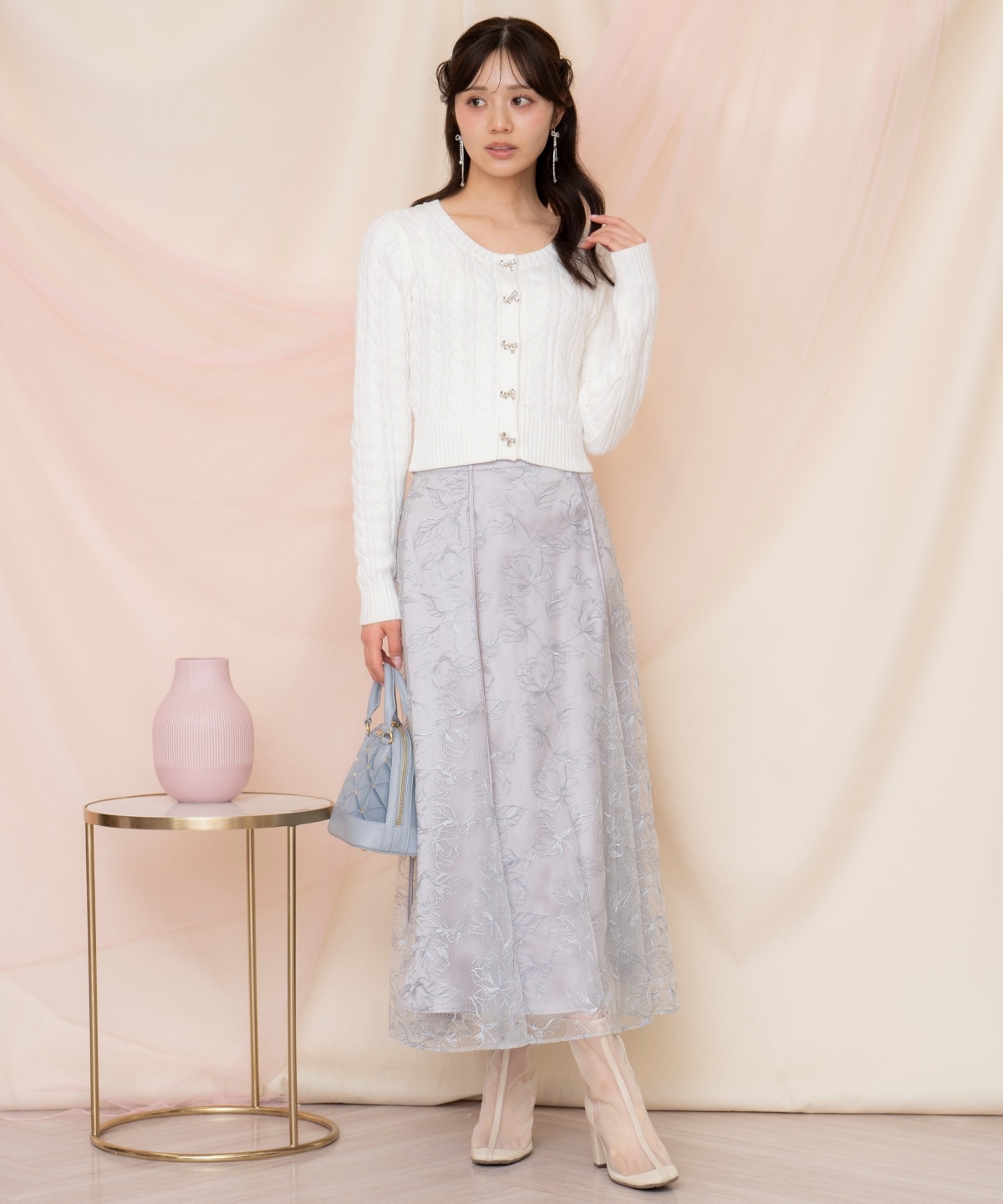 ビジューリボンケーブルカーディガン