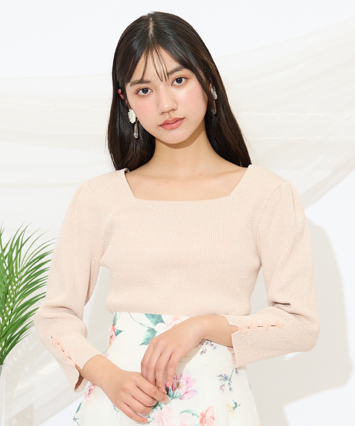 袖フラワーラメ7分袖ニットプルオーバー