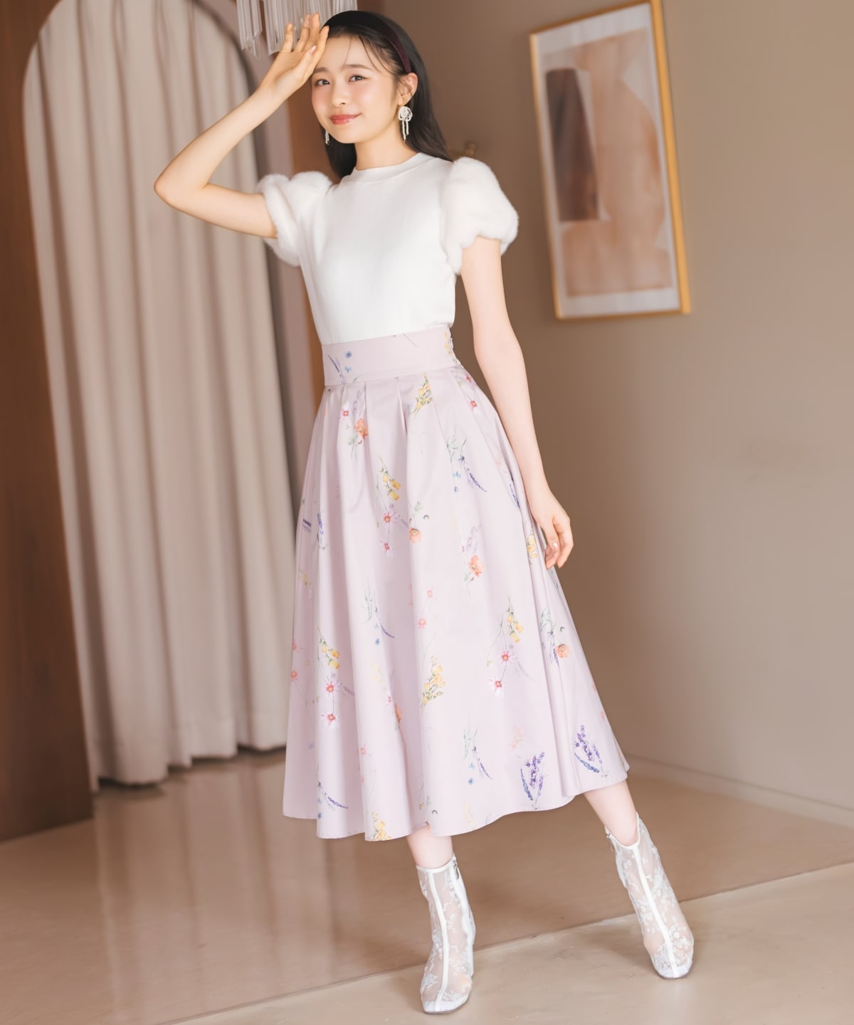 オータムボタニカルフラワータックスカート