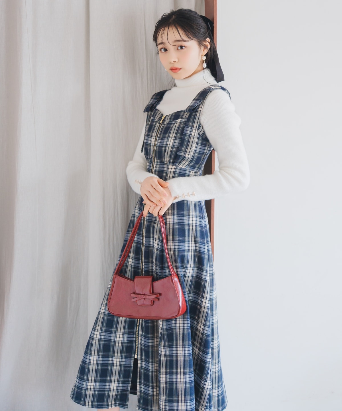 【新色追加】ショルダーリボンフロントZIPワンピース