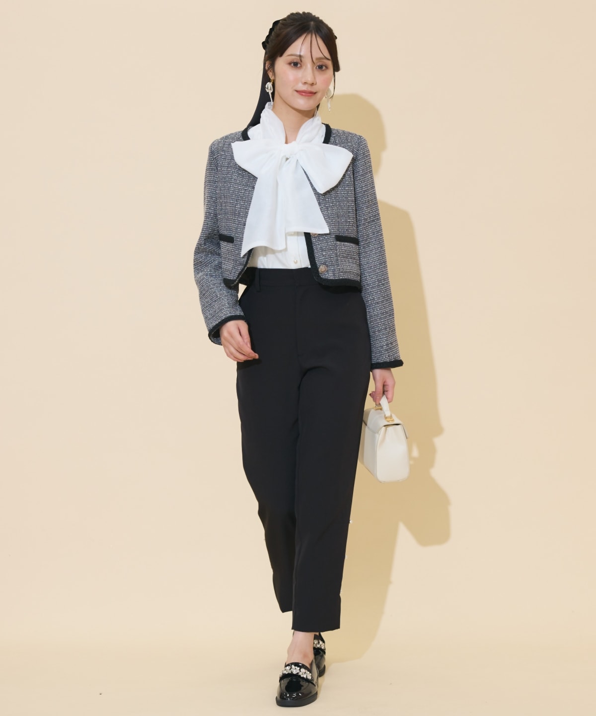 ブレードデザインノーカラーツイードジャケット