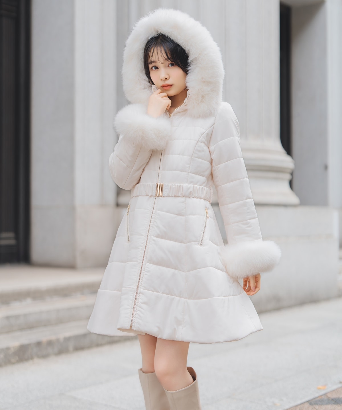 フォックスファーキルティングフレアコート