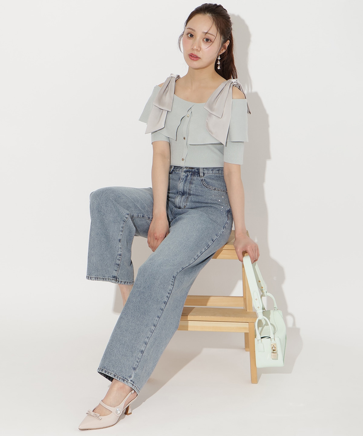 ビジューポケットワイドデニムパンツ