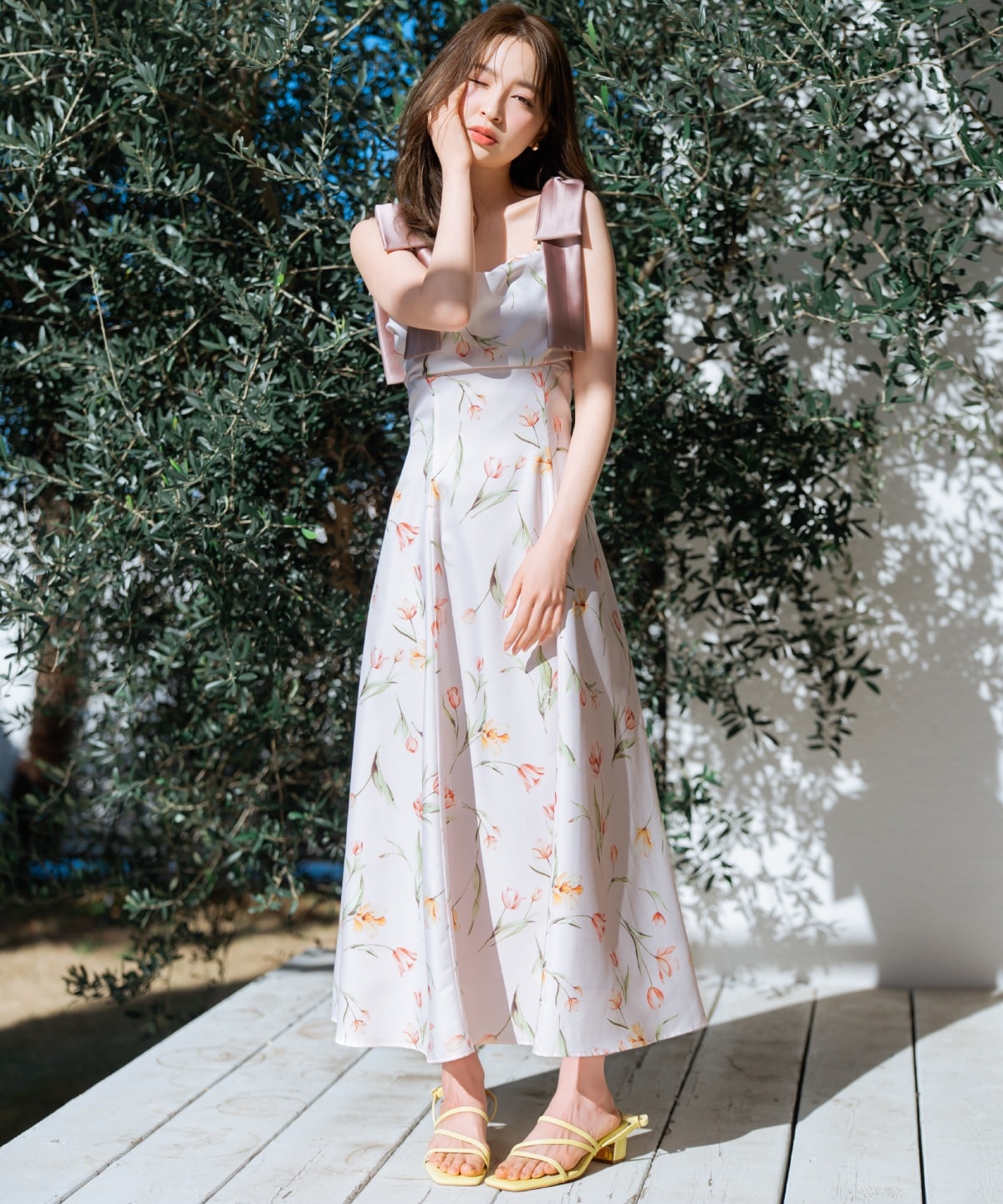 【再入荷】リボンショルダーチューリップフレアワンピース