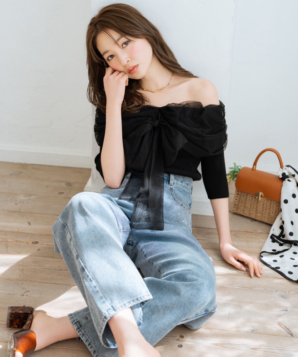 リボンチュールレイヤードリブニット