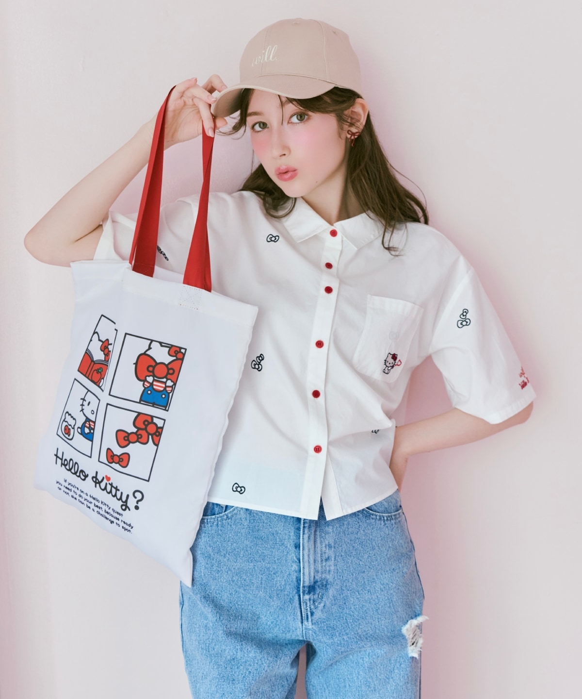 【8/7(fri)20時発売】WILLSELECTION×HELLO KITTY 刺繍クロップドシャツ