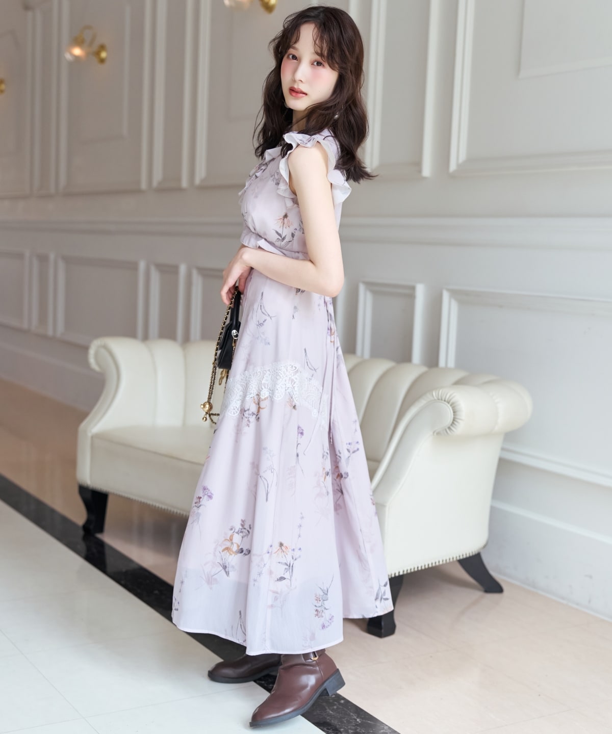 フローラルプリントアイラッシュレースワンピース
