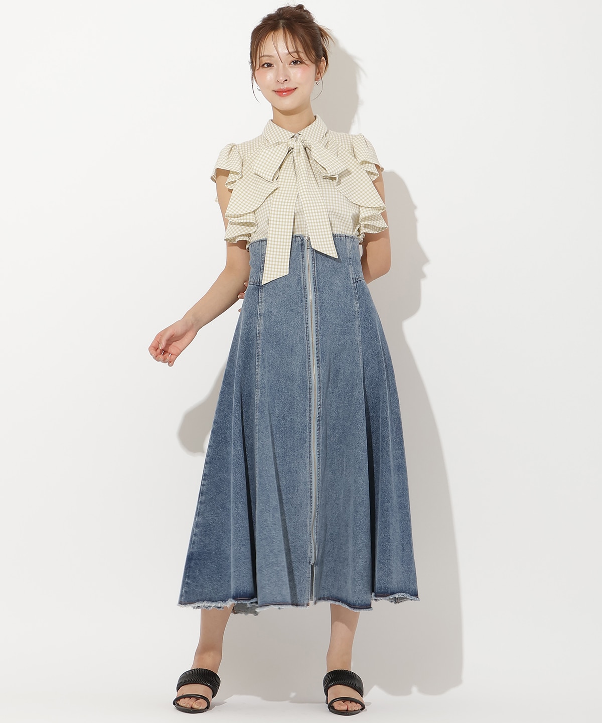 ギンガムサッカーフリルブラウス