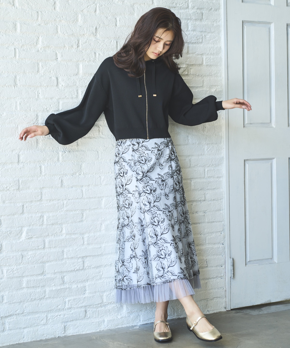 チュールヘムフローラルスカート