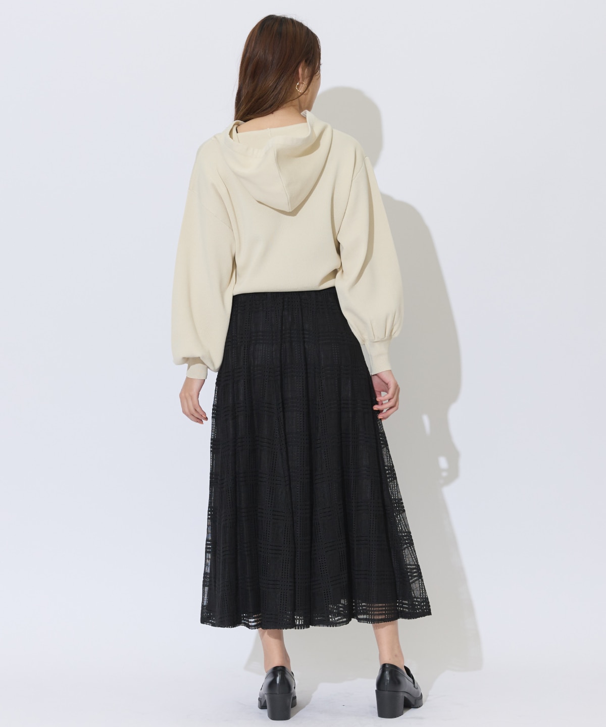 ウエストリブメッシュチェックロングスカート