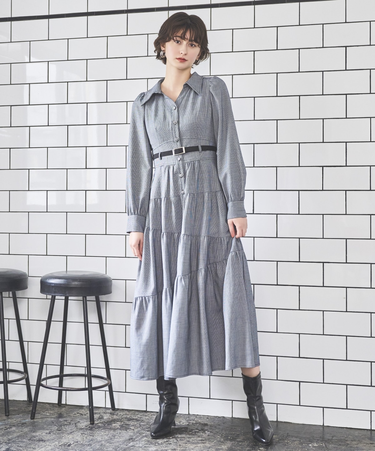 ラメ千鳥ティアードシャツワンピース