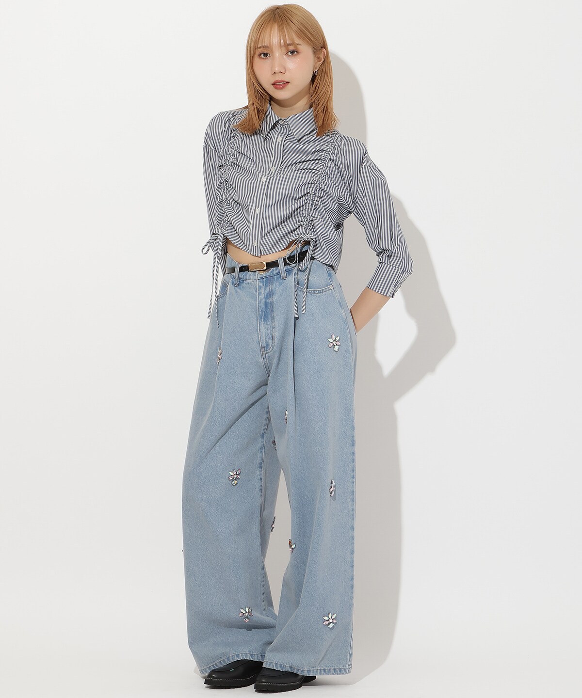 ストライプシャーリングブラウス