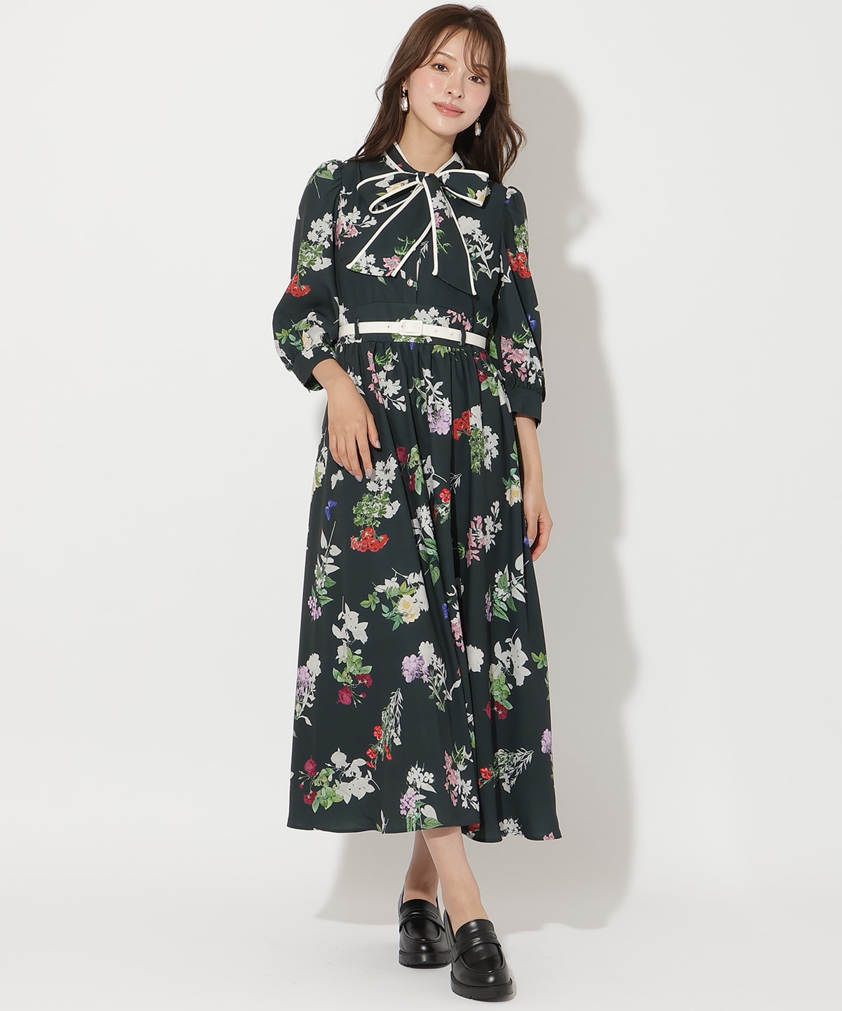 クラシックフラワープリント7分袖ワンピース