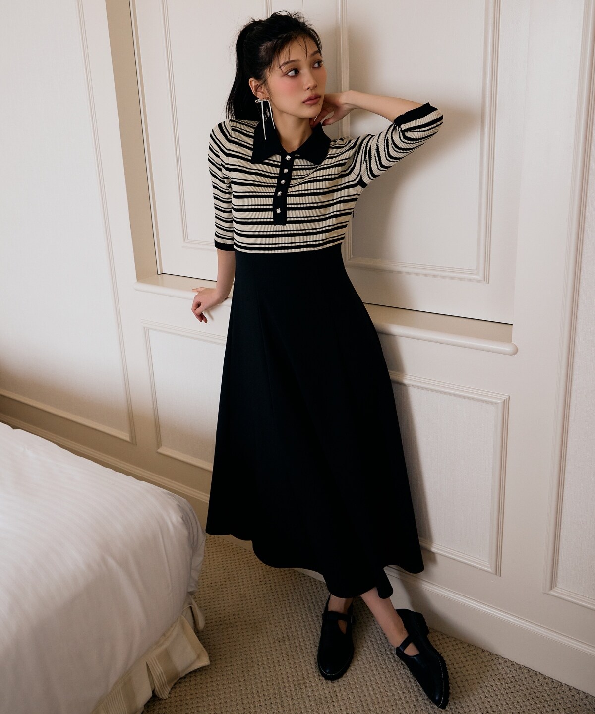 襟付きボーダードッキングワンピース(F ネイビー): AND COUTURE