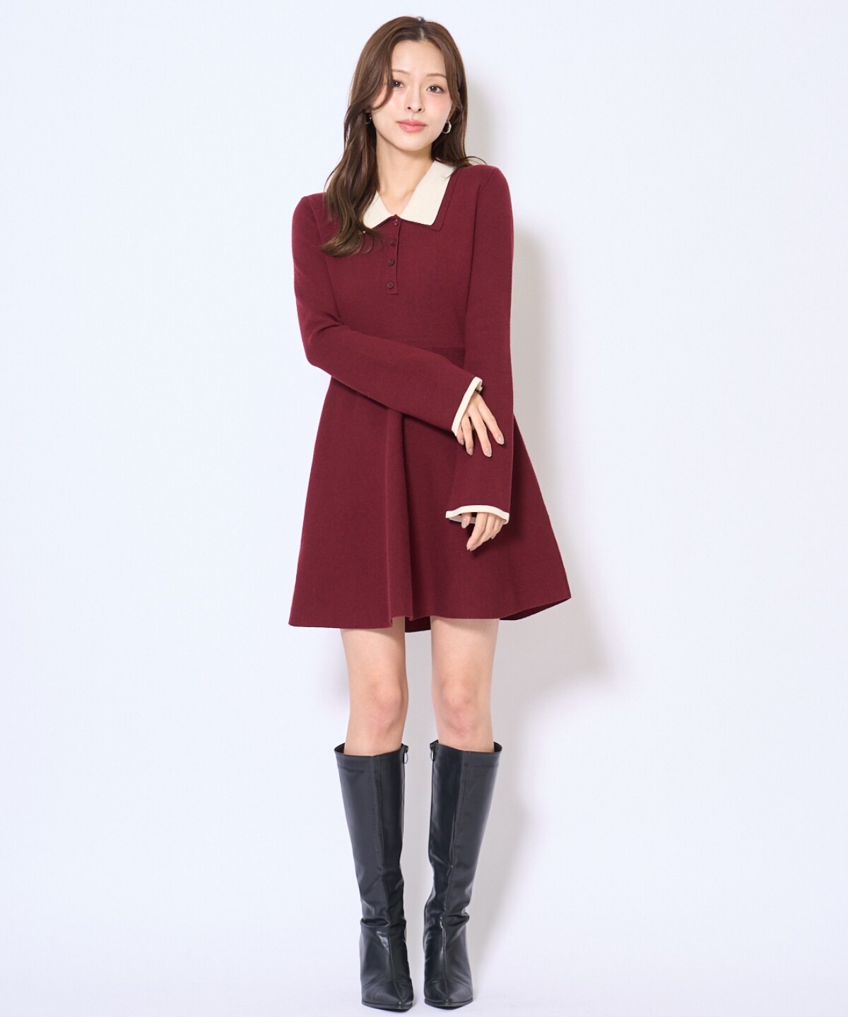 バイカラーポロニットフレアミニワンピース