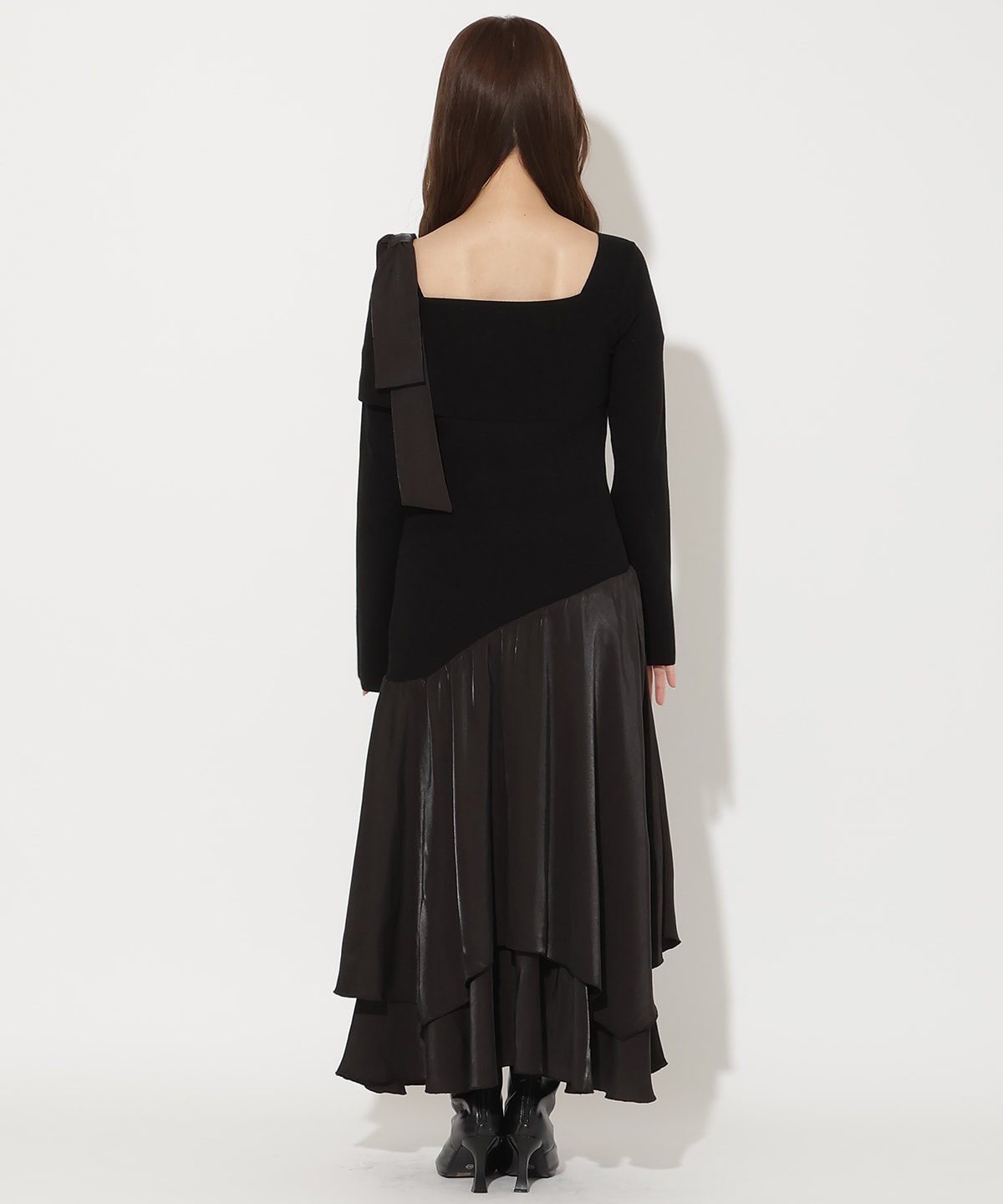 ショルダーリボンニットドッキングワンピース