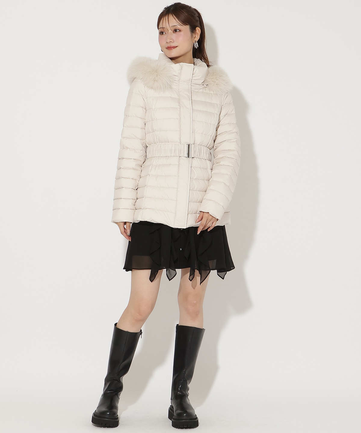 ベルト付きFOXファーミドル丈ダウン