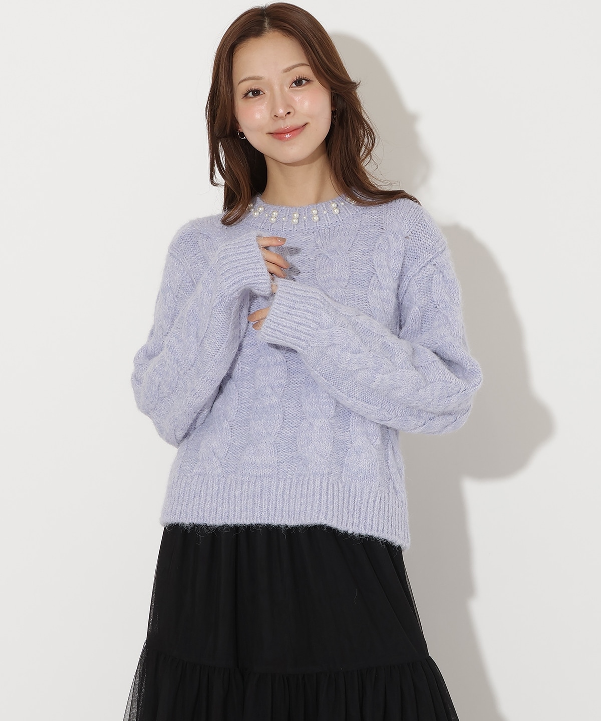 パール襟ケーブルニットプルオーバー