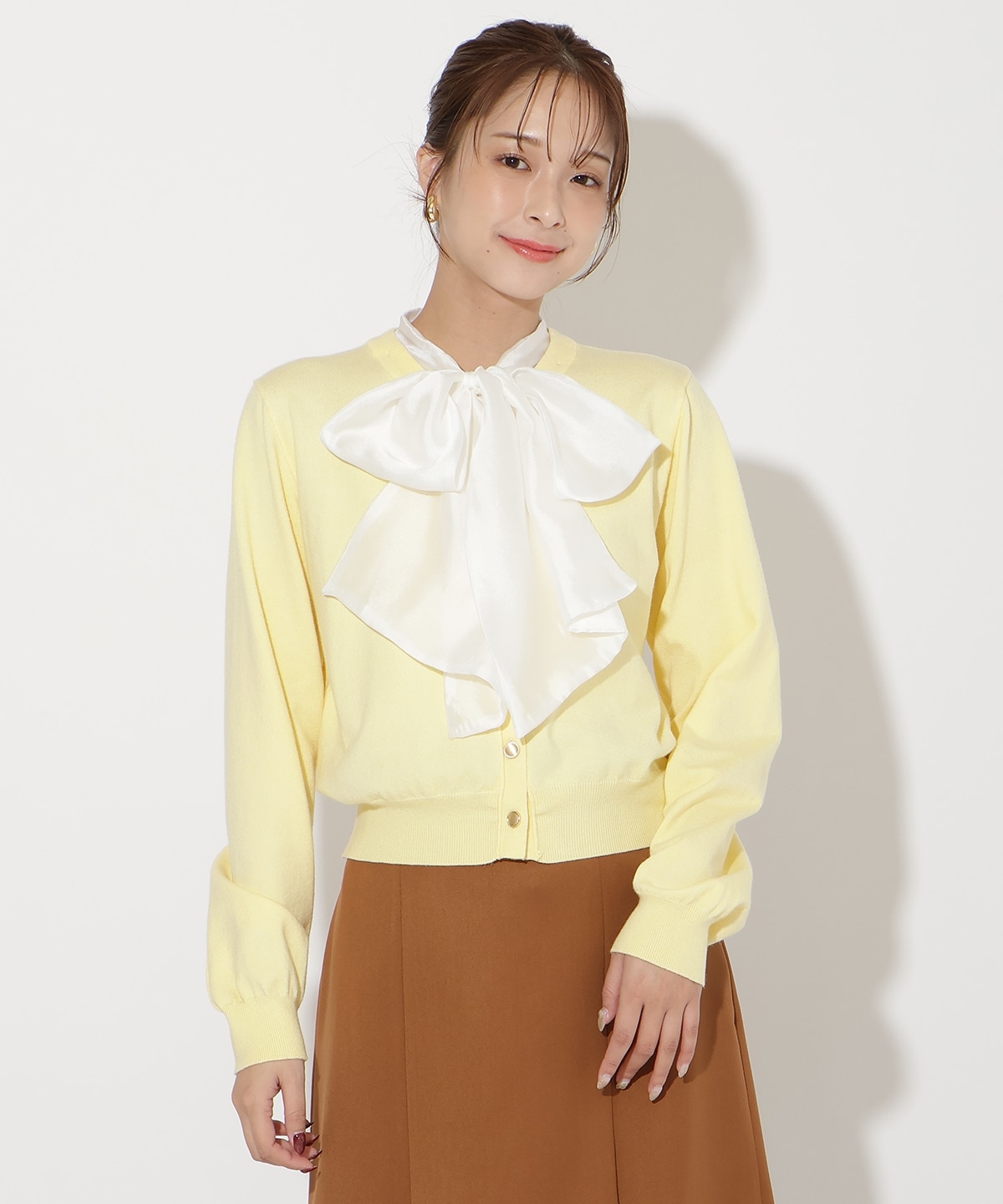 異素材リボンニットカーディガン