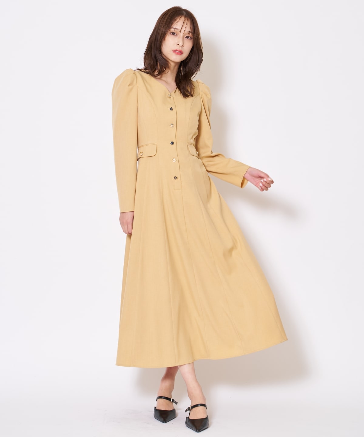 【先行予約受付中】Vネックパフスリーブワンピース