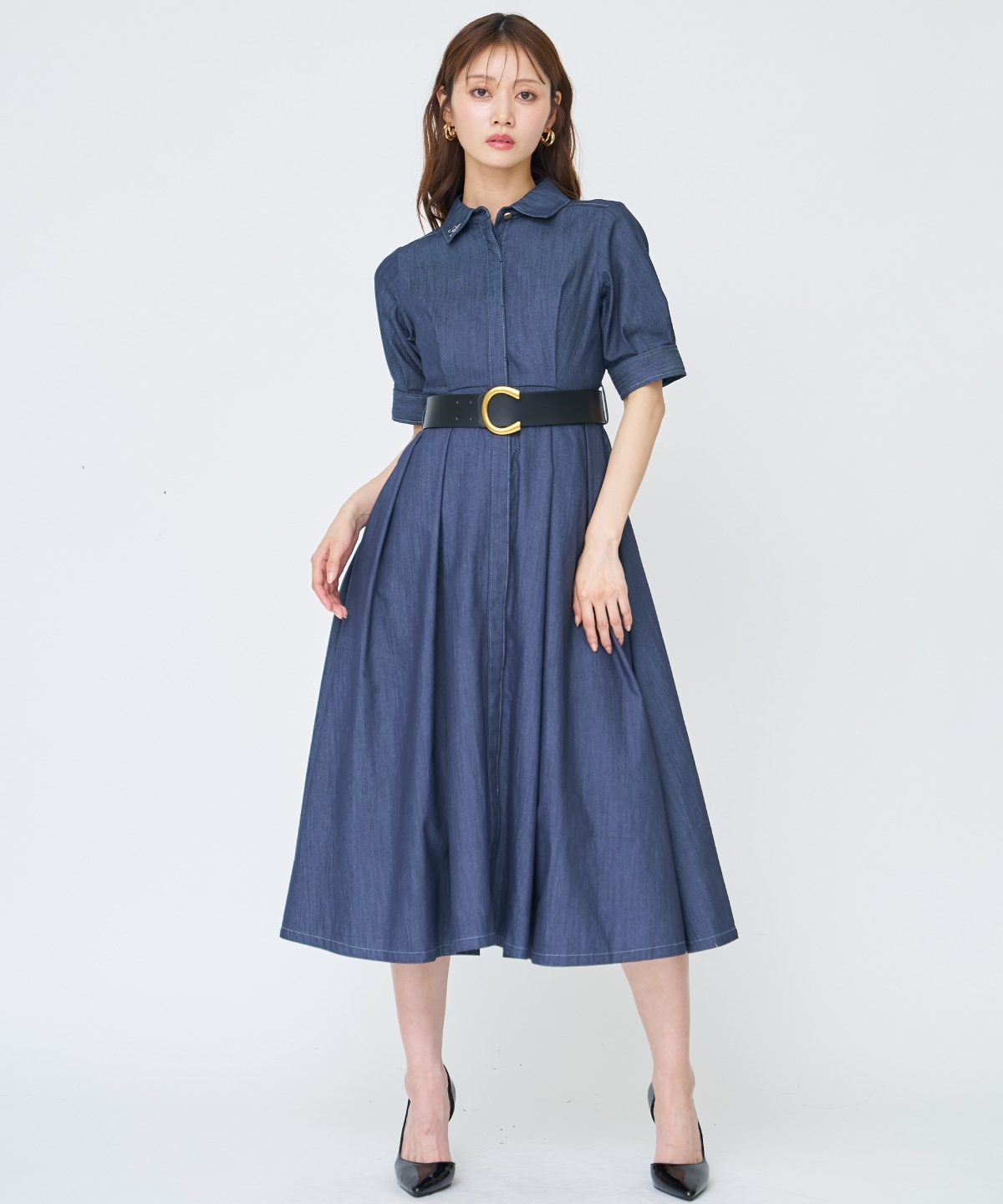 【先行予約受付中】ベルト付き５分袖デニムワンピース