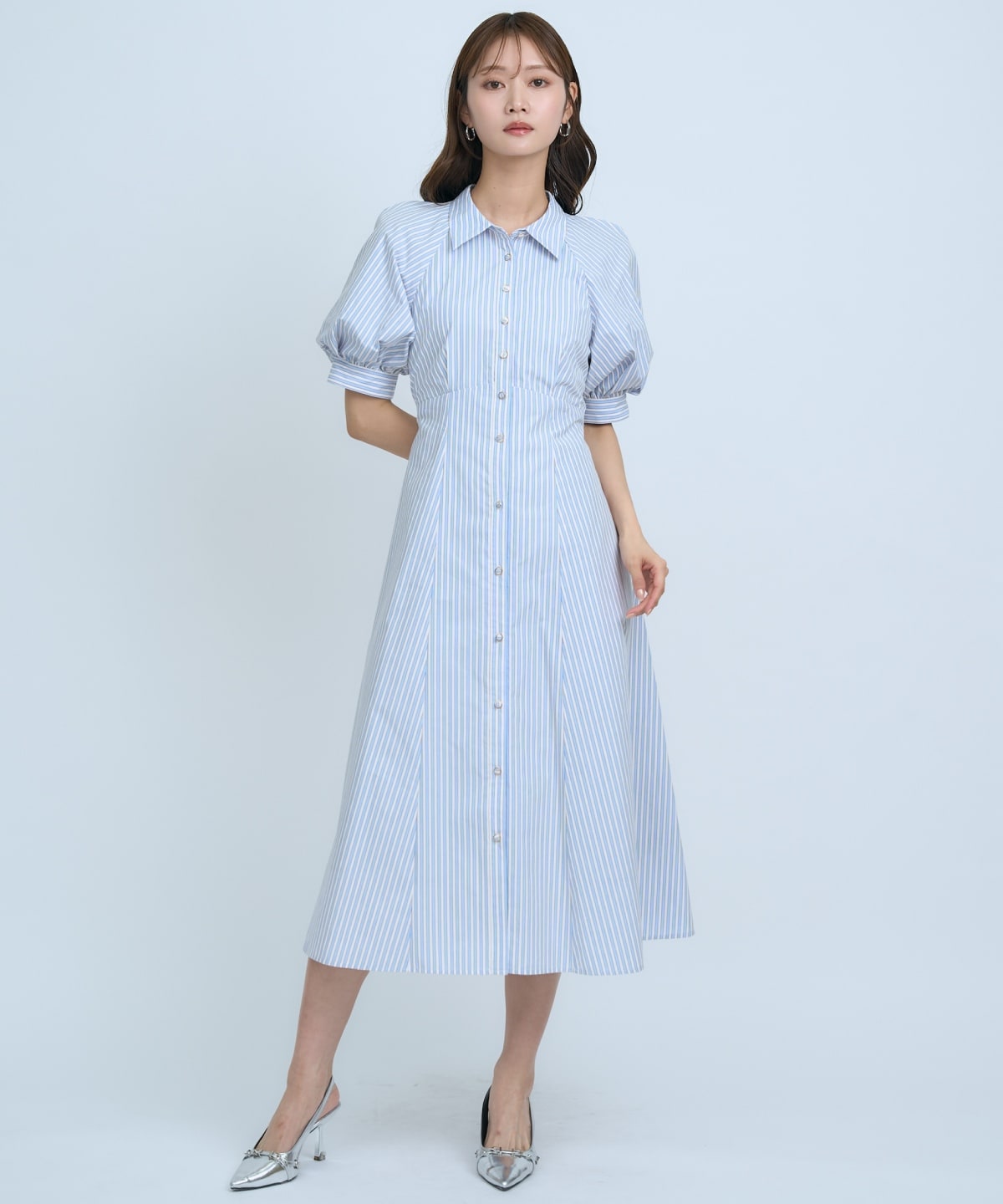 【先行予約受付中】ボリュームスリーブストライプワンピース